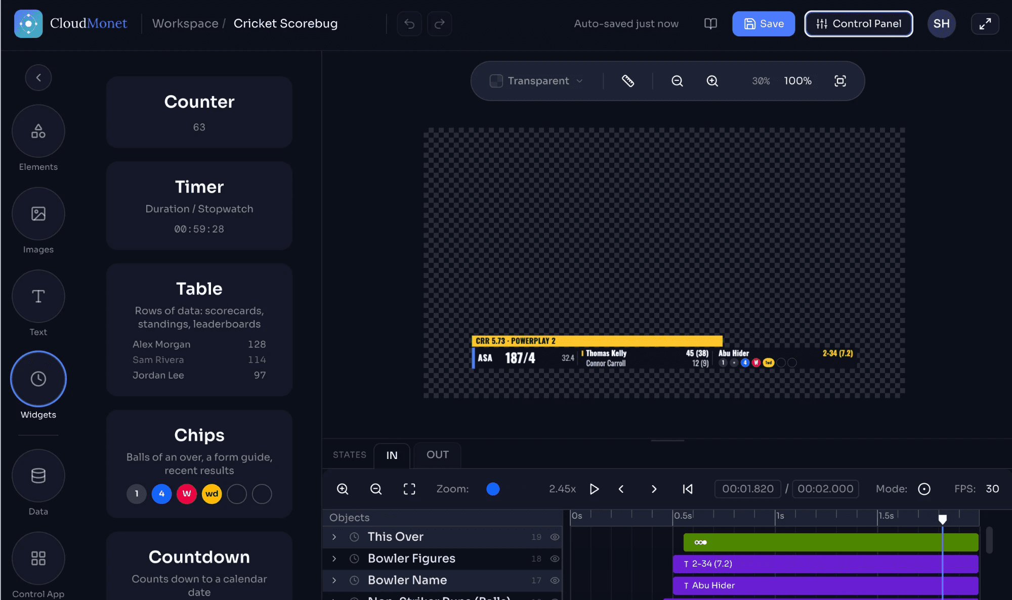 CloudMonet advanced editor with a cricket scorebug