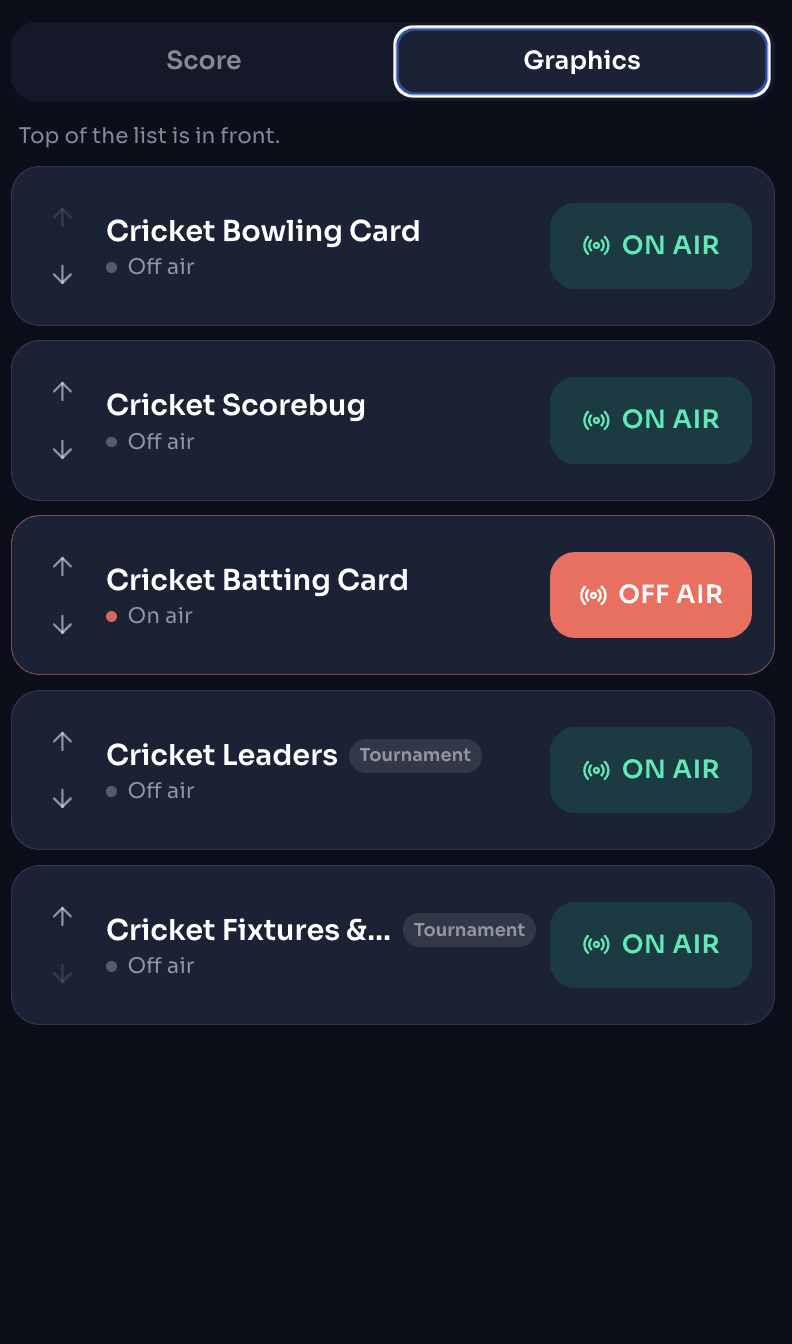 Taking match graphics on and off air from the scorer's phone