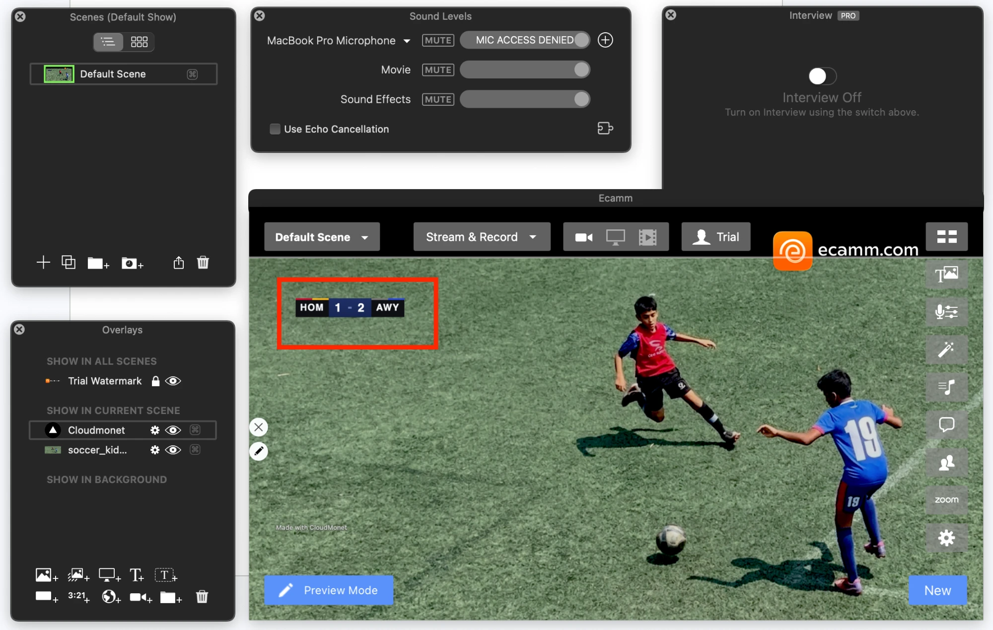 Ecamm Live scene showing the CloudMonet scoreboard composited live over the camera feed