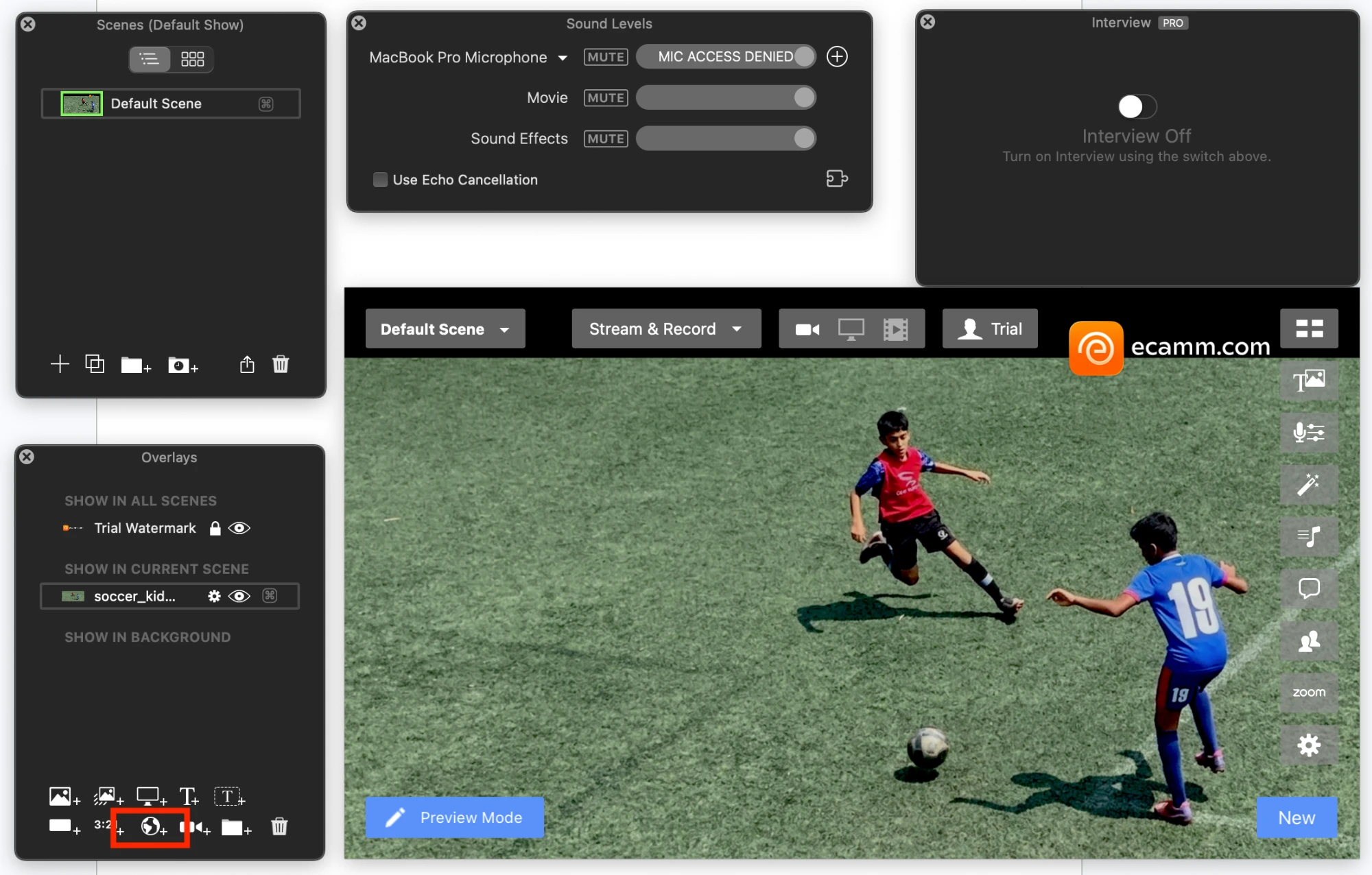 Ecamm Live Overlays window with the New Widget button used to add a CloudMonet scoreboard