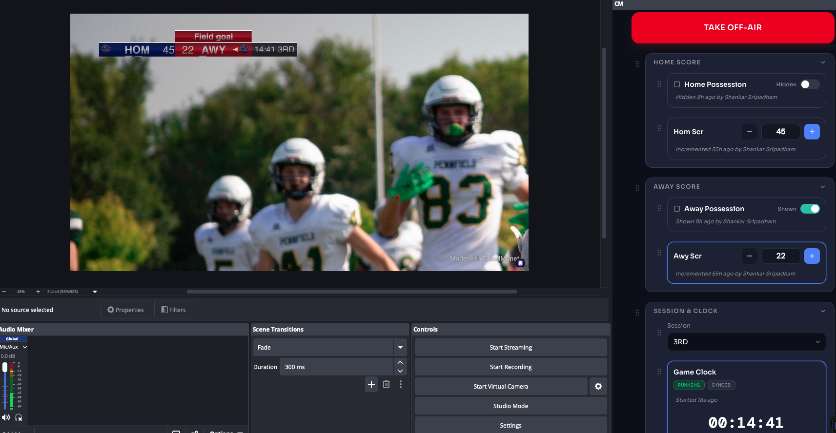 OBS Studio with the CloudMonet scoreboard as a Browser Source in the program preview and the operator panel docked in the sidebar