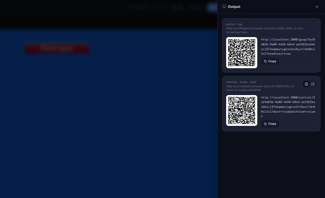 CloudMonet Output panel showing the Output URL for OBS and the Control Panel Dock URL, each with a QR code and copy button