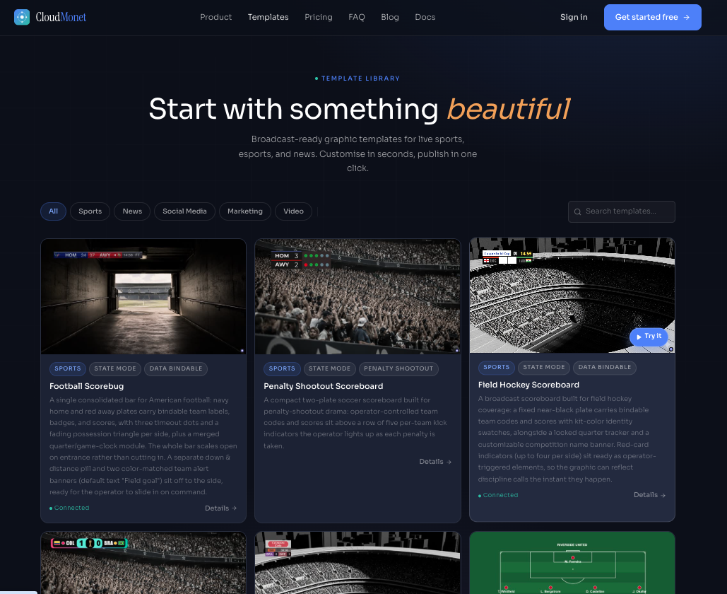 CloudMonet template gallery showing Football Scorebug, Penalty Shootout Scoreboard, and Field Hockey Scoreboard templates
