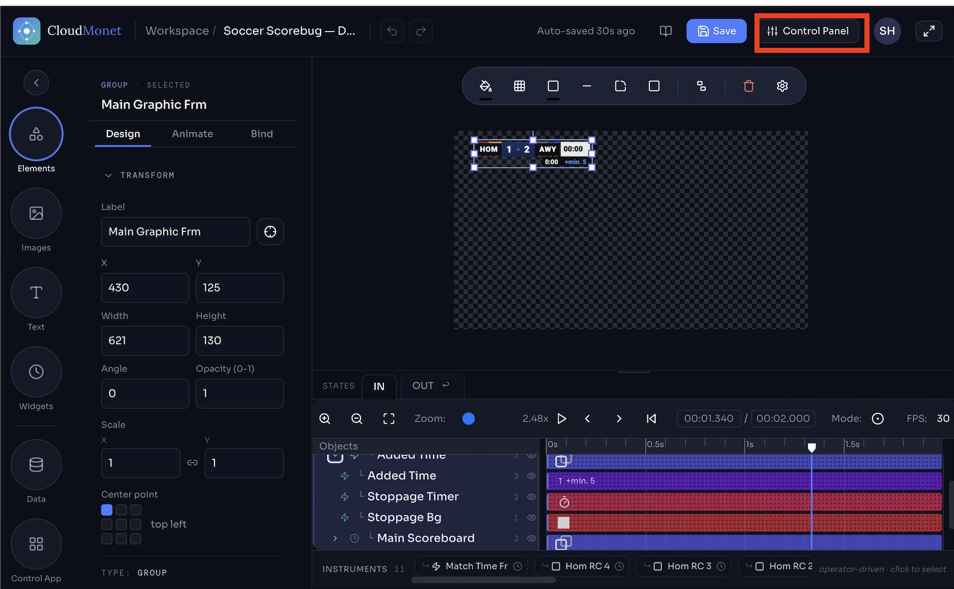 CloudMonet design editor with the Control Panel button highlighted in the top-right corner