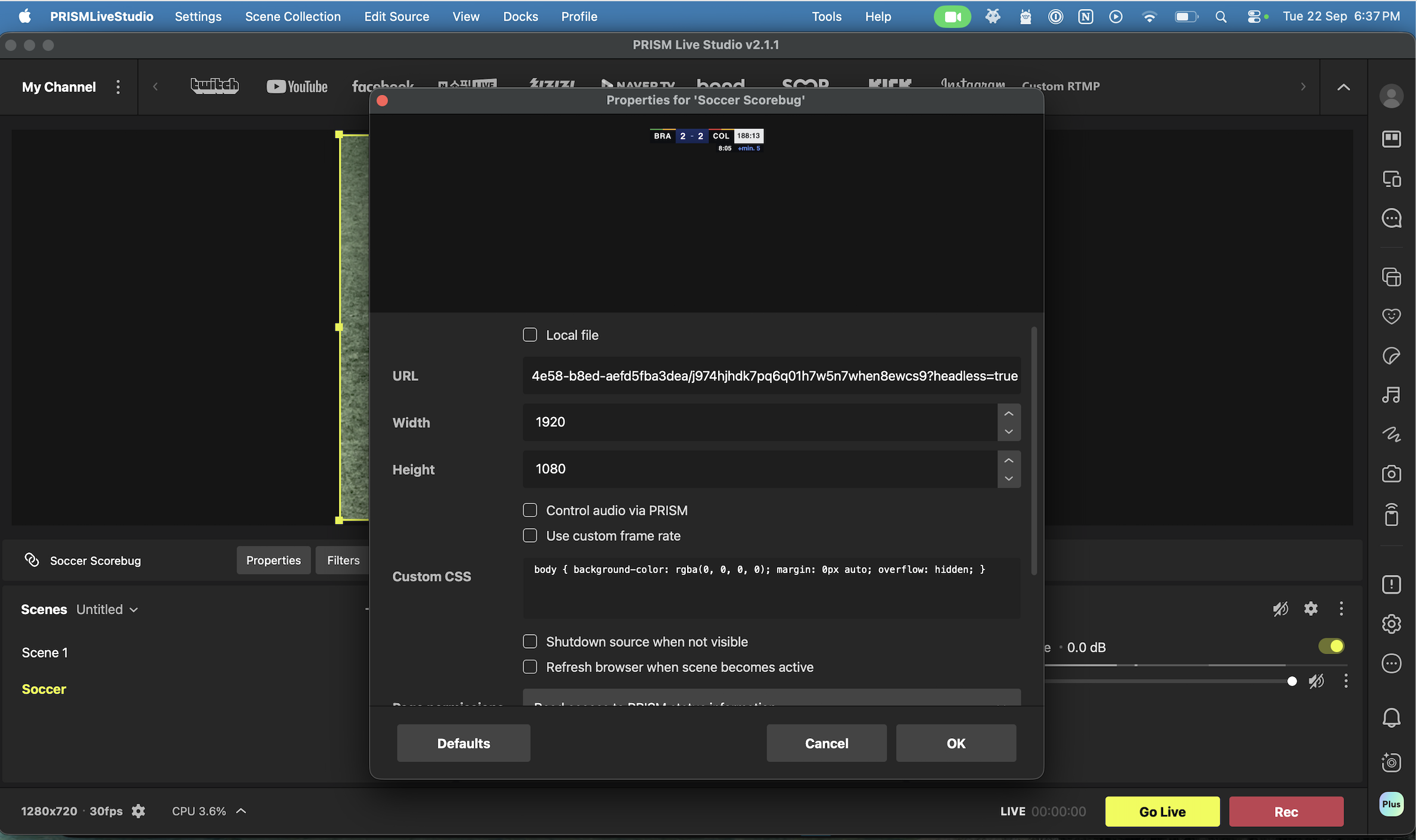 PRISM Live Studio Browser source properties dialog with the Output URL, width, and height fields