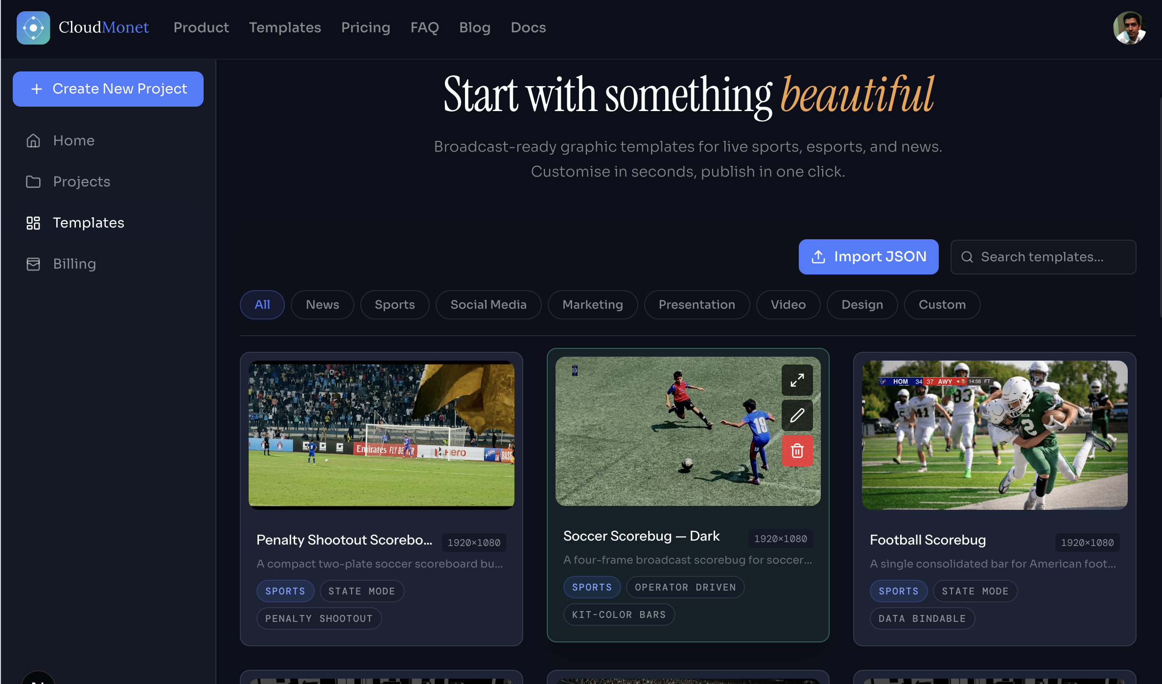 CloudMonet template gallery showing Penalty Shootout Scoreboard, Soccer Scorebug, and Football Scorebug templates