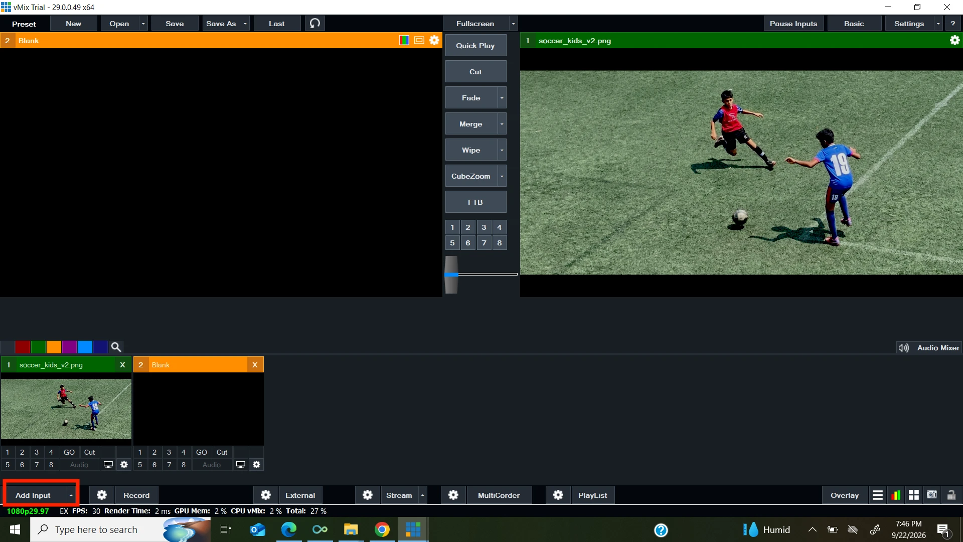 vMix with the Add Input button highlighted in the bottom-left corner