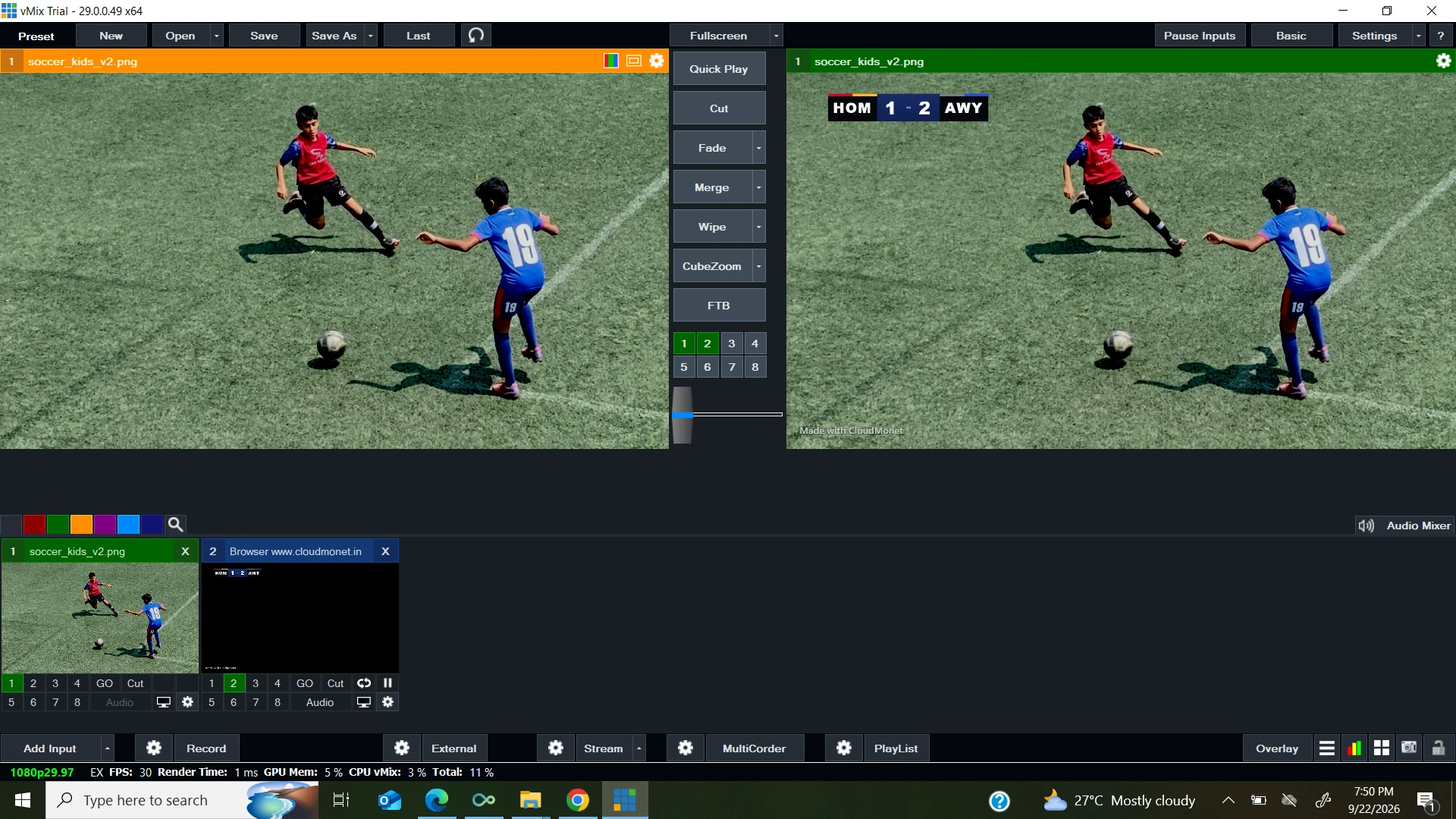 vMix Program output showing the CloudMonet scoreboard composited live over the camera feed