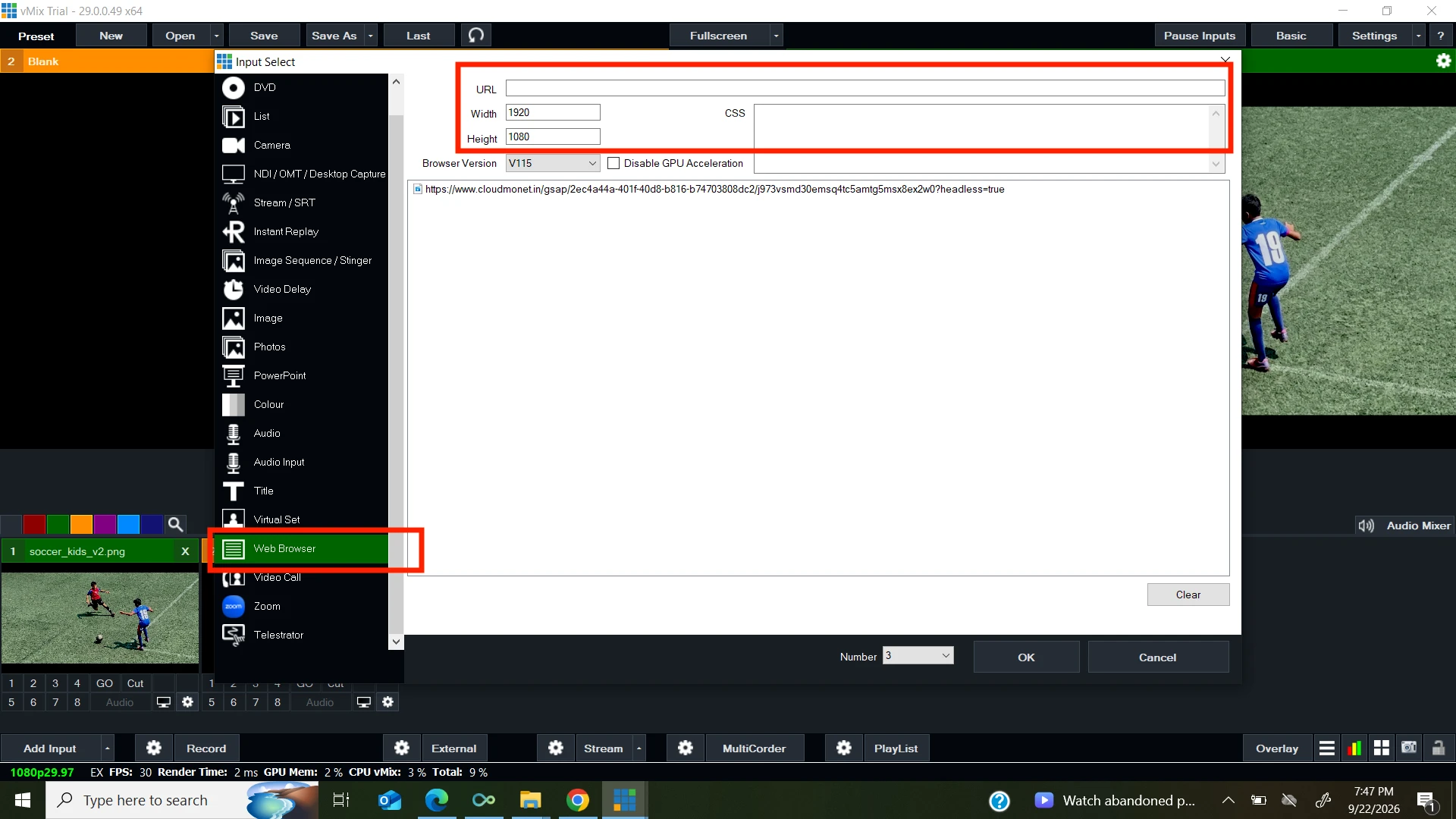 vMix Input Select dialog with Web Browser highlighted and the Output URL, Width, and Height fields