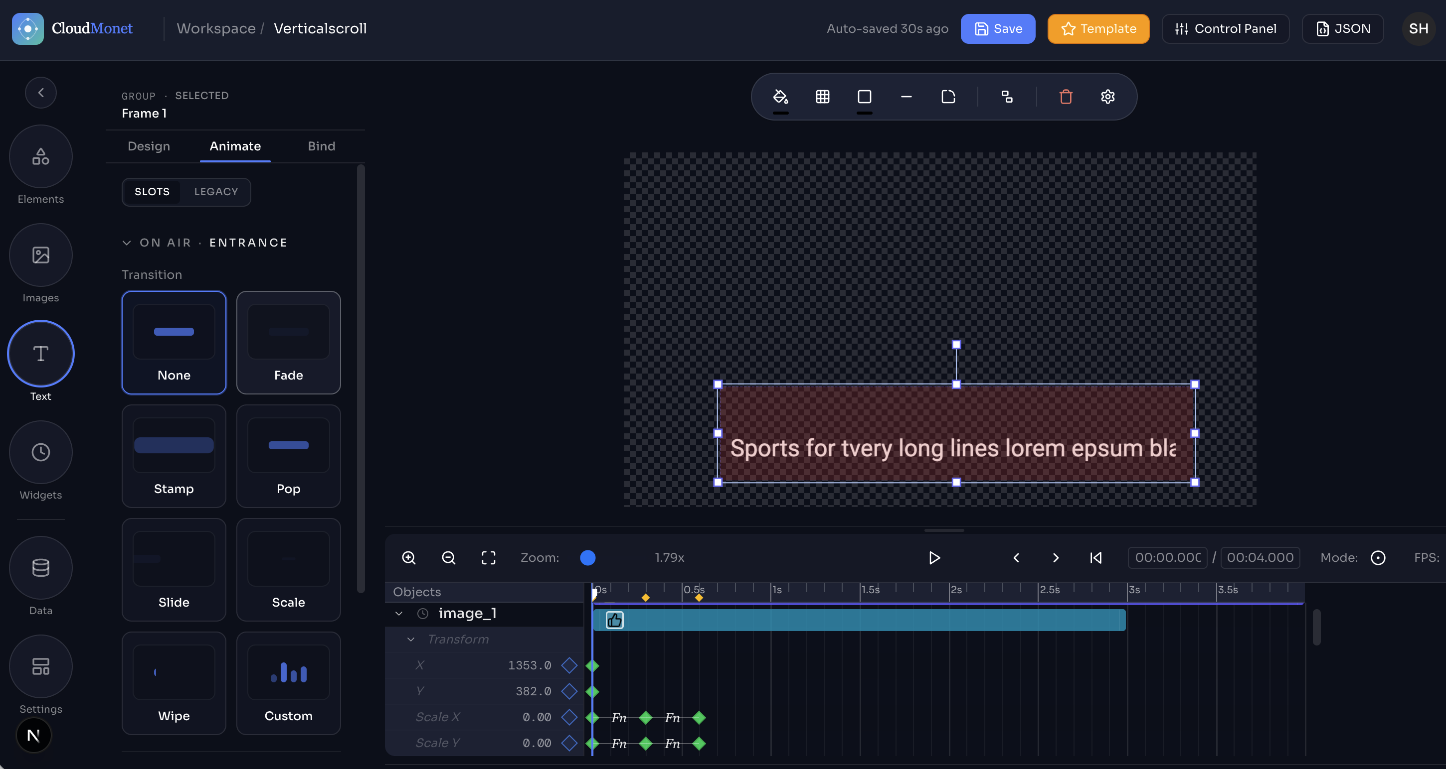CloudMonet animation timeline showing per-property keyframes with Fn easing markers on X, Y, Alpha and other transform properties