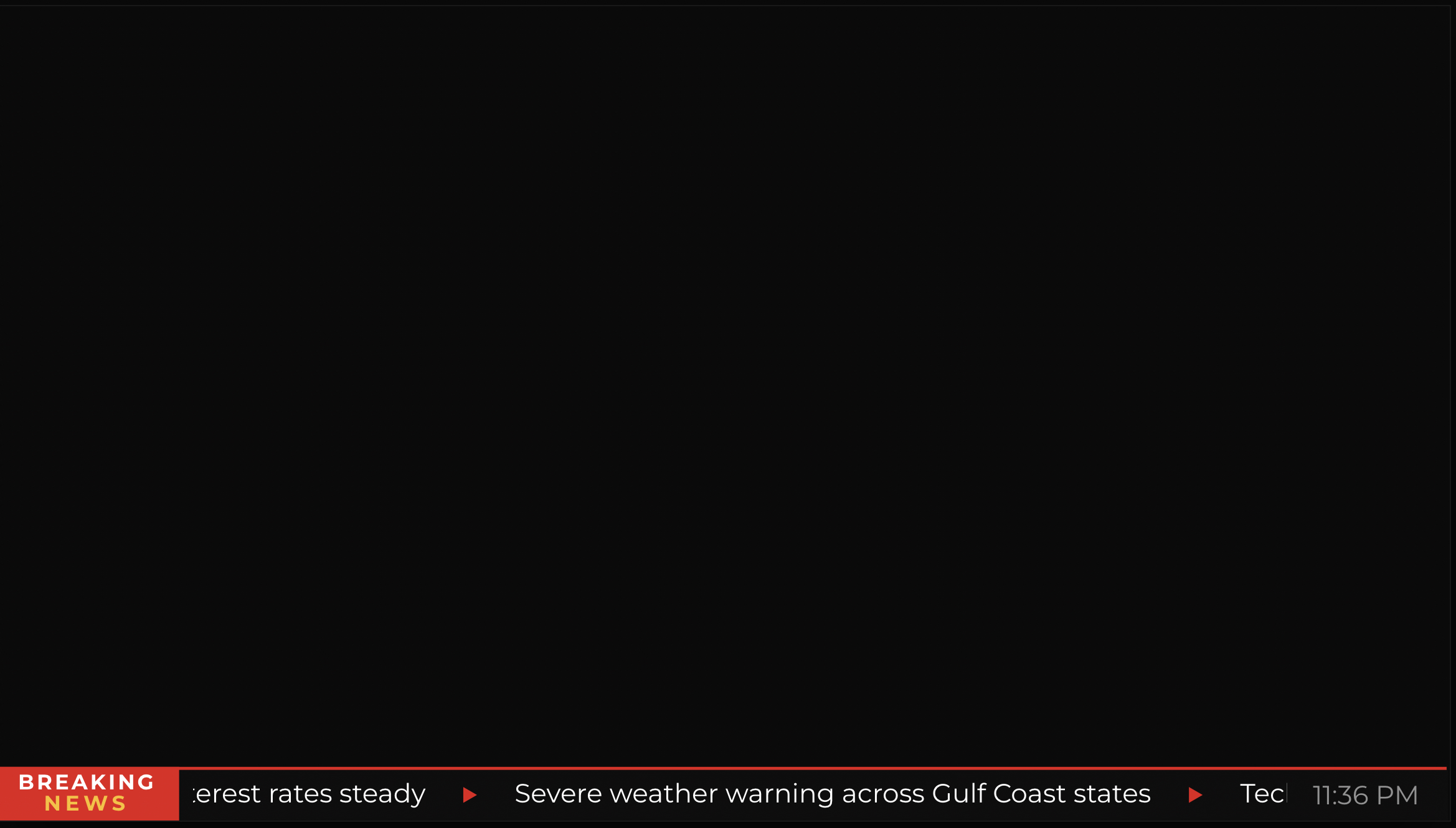 Breaking news ticker graphic built with CloudMonet Studio — live broadcast overlay on black background