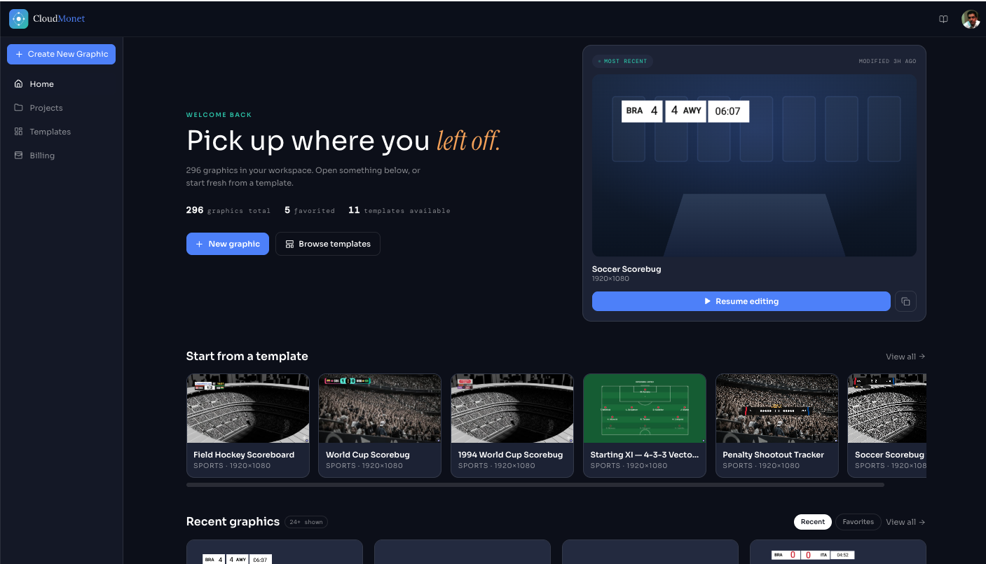 CloudMonet workspace with recent designs